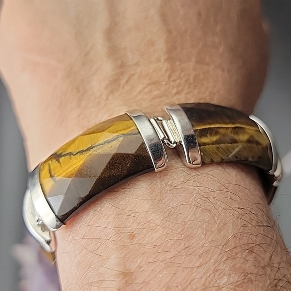 925 Sterling Silver Faceted Tigers Eye 5 Panel Mens Gemstone Bracelet Size 7 - Picture 9 of 14